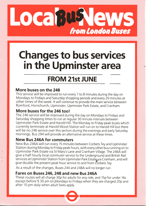 Upminster leafer June 1986, click for 246A timetable